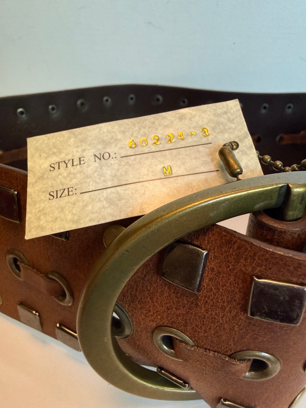 Olga Santini Brown Leather Studded Belt with Brass Ring Buckle - Picture 3 of 9